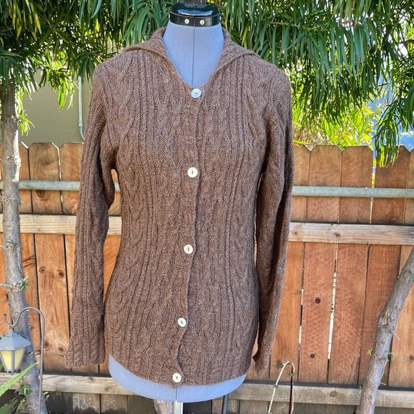 Lanart 100% Baby Alpaca Cable Knit Button Down Cardigan Brown size S - Picture 1 of 9
